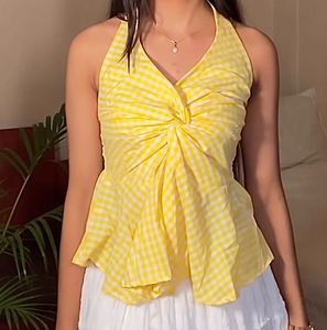 Yellow Gingham Twist Halter Top