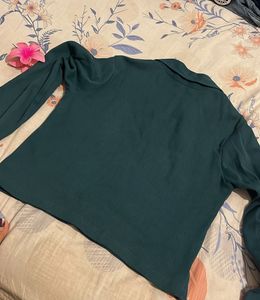 Stylish Teal Ribbed Collared Top