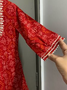Red Bandhani Printed Kurta with Mirror Work