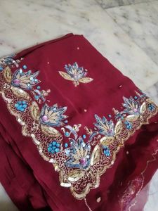 Maroon aari tari work saree