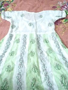 White &amp; Green Embroidered Dress