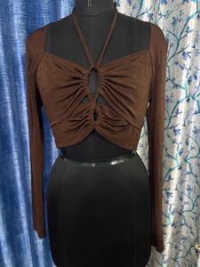 Brown Ruched Tie-Front Long Sleeve Top
