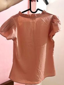 Formal Pink Tie-Neck Flutter Sleeve Top