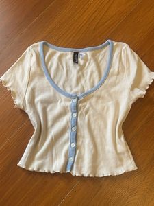 Cream & Blue Button-Up Crop Top
