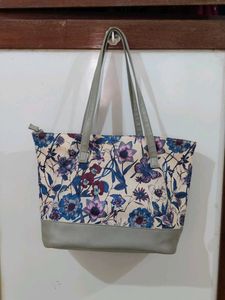 Floral Print Tote Bag with Grey Trim