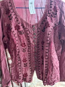 Embroidered Burgundy Rayon Kurta Top