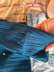Teal Pleated Button-Down Top