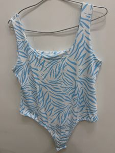 shein Blue & White Abstract Print Bodysuit