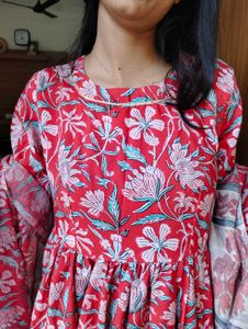 Red Floral Print Kurta Set