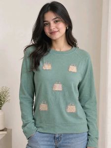 Cute Green Sweatshirt with Bag Appliques