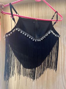 Black Fringe Embellished Crop Top