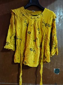 Yellow Floral print flared sleeve top