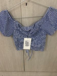 Blue Checkered Off-Shoulder Top
