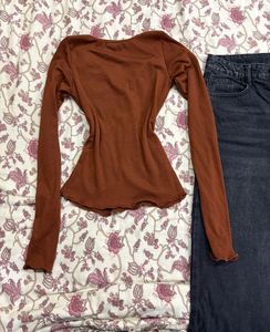 Brown Ribbed Henley Top