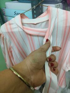 Striped Puff Sleeve Top with Tie Neck