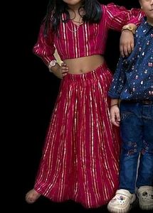 Pink &amp; Gold Striped Lehenga Choli Set