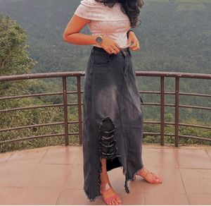 Distressed Denim Maxi Skirt