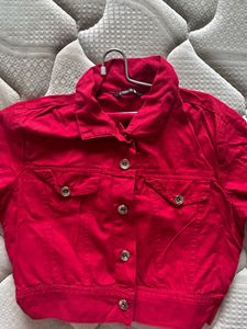 Vibrant Red Cropped Denim Jacket