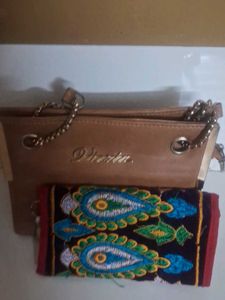 Stylish Tan Clutch with Embroidered Wallet