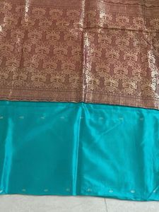 Beautiful Teal Saree with Goldenborder and blouse