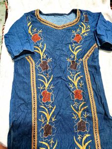 Embroidered Denim Kurta