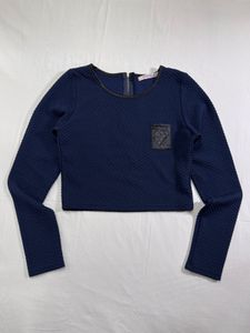 Navy Textured Long Sleeve Crop Top