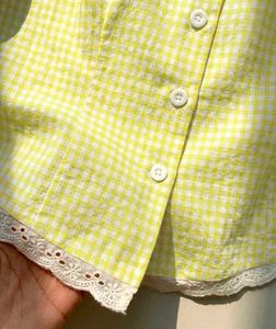 Cute Yellow Gingham Lace Trim Top