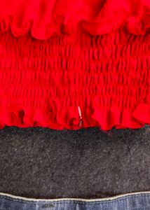 Red Off-Shoulder Crop Top with Puff Sleeves