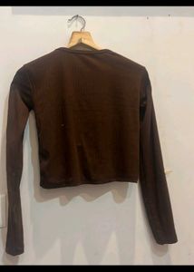 retro Brown Ribbed V-Neck full sleeve crop Top