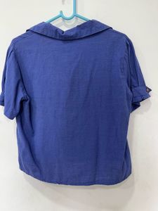 Blue Button-Up Collared Short Sleeve Top