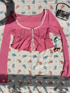 Cute Pink Lace Trim Peplum Top