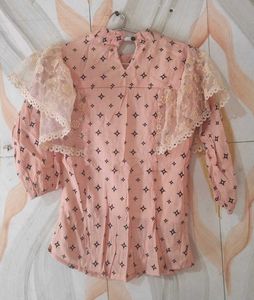Elegant Lace Trimmed Pink Blouse