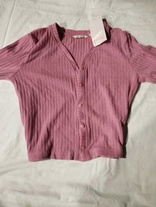 Pink Ribbed Cropped Cardigan Long Sleeves