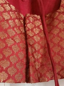 Red Brocade Blouse with Embellished Neckline
