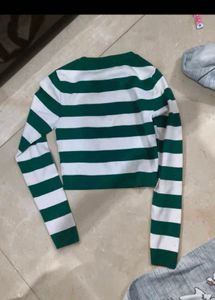Green &amp; White Striped Cropped Sweater