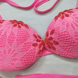 Pink Lace Bikini 🪔32,34.Top with Embellishments
