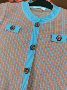 Chic Knit Top - Pink with Blue Trim
