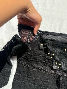 Elegant Black Lace Top with Pearl Detail