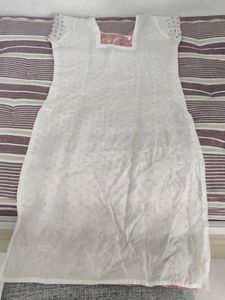 White Kurta with Pink Polka Dots &amp; Embroidery