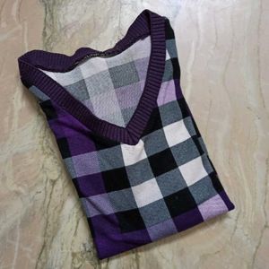 Purple Plaid V-Neck Woolen Top