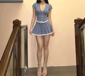 y2k Blue Plaid Button-Up Mini Dress