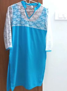 Mesh Detailed Blue &amp; White Kurta