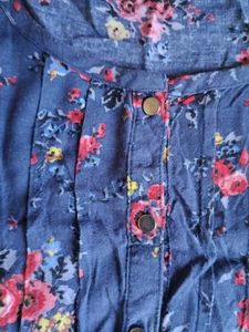 Blue Floral Print Button-Up Top