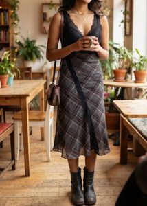 Chic Plaid Midi Dress with Lace Trim