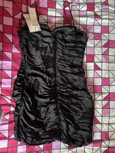 ZARA Little Black Dress Ruched Draped Rhinestone M