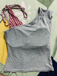 Grey One Shoulder Hello Kitty Top
