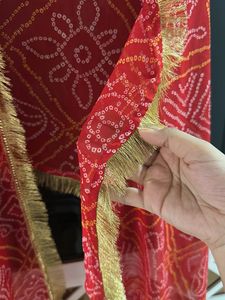 Red Bandhani Dupatta with Gold Border