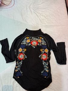 FREE PEOPLE Embroidered Black Turtleneck Top
