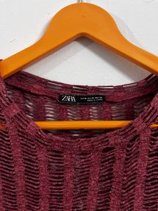 zara Maroon Striped Mesh Top