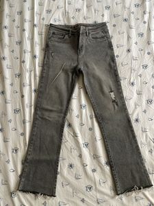 Grey Flare Jeans with Distressed Details